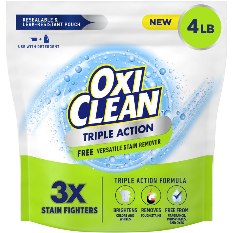 OxiClean Triple Action Free Versatile Stain Remover Powder, Use with Detergent, No Fragrance, No Dyes, No Phosphates, No Chlorine, Removes Stains, Brightens Colors and Whites, 4 lbs - Image 1